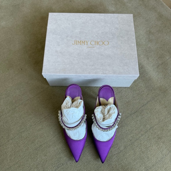 Jimmy Choo Bing 100 Satin Mules With Crystal Strap in pink violet, size 37, NEW - Picture 2 of 9